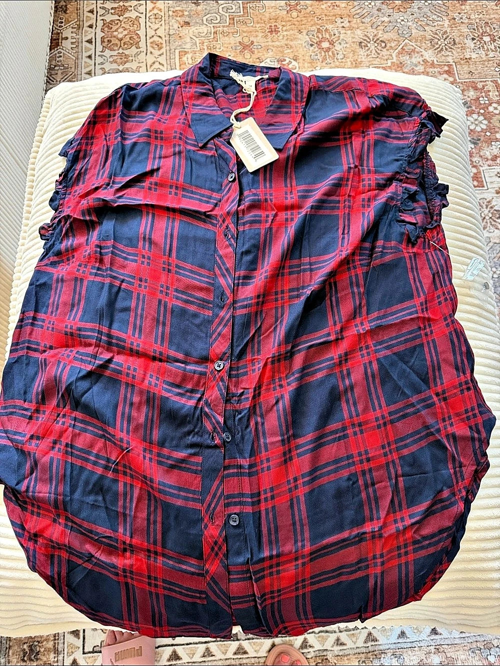 Como Vintage Plaid Button Down Top in Blue & Red Size XL NWT